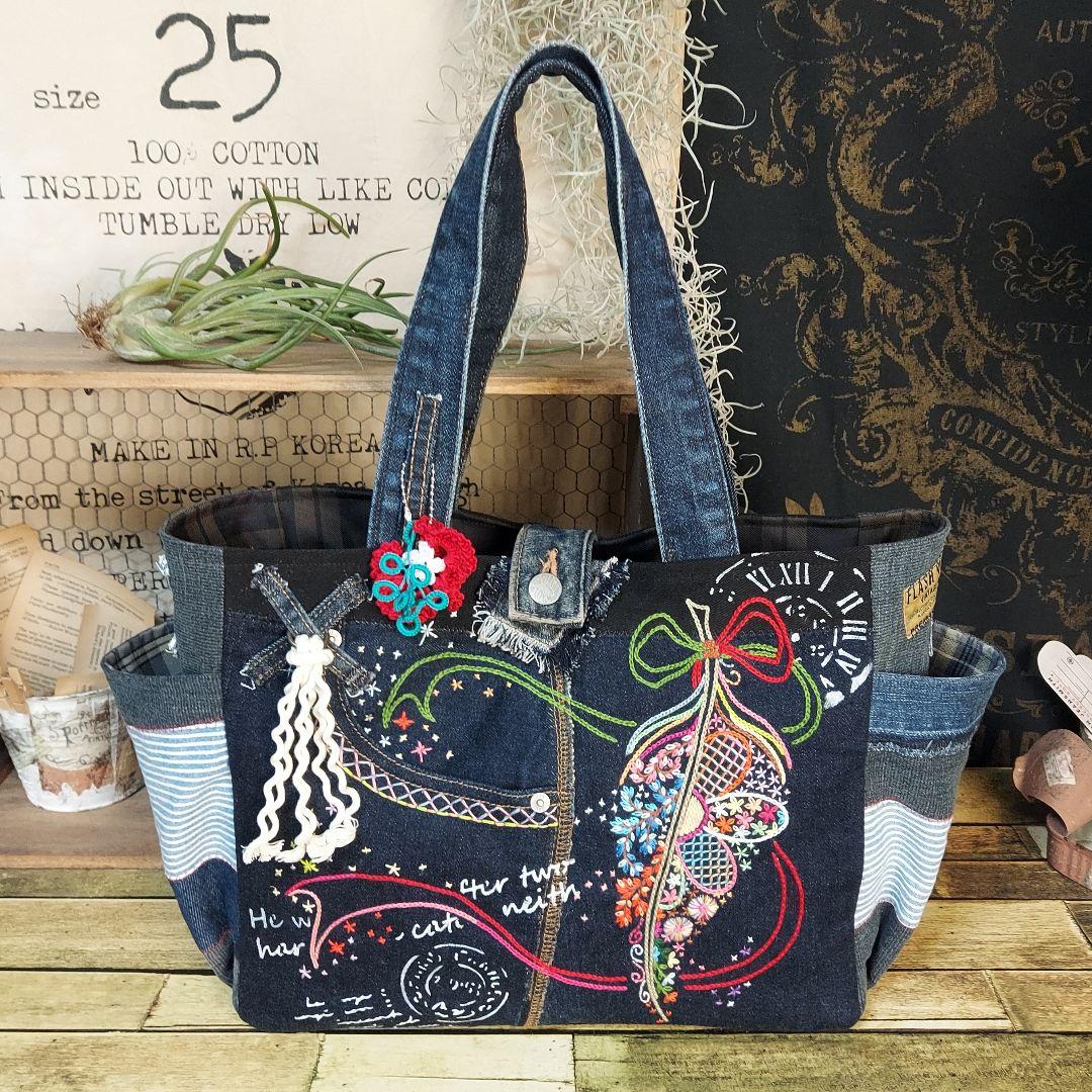 【Kal】大きな刺繍デニムバック　No.651　デニムリメイク　特大バック