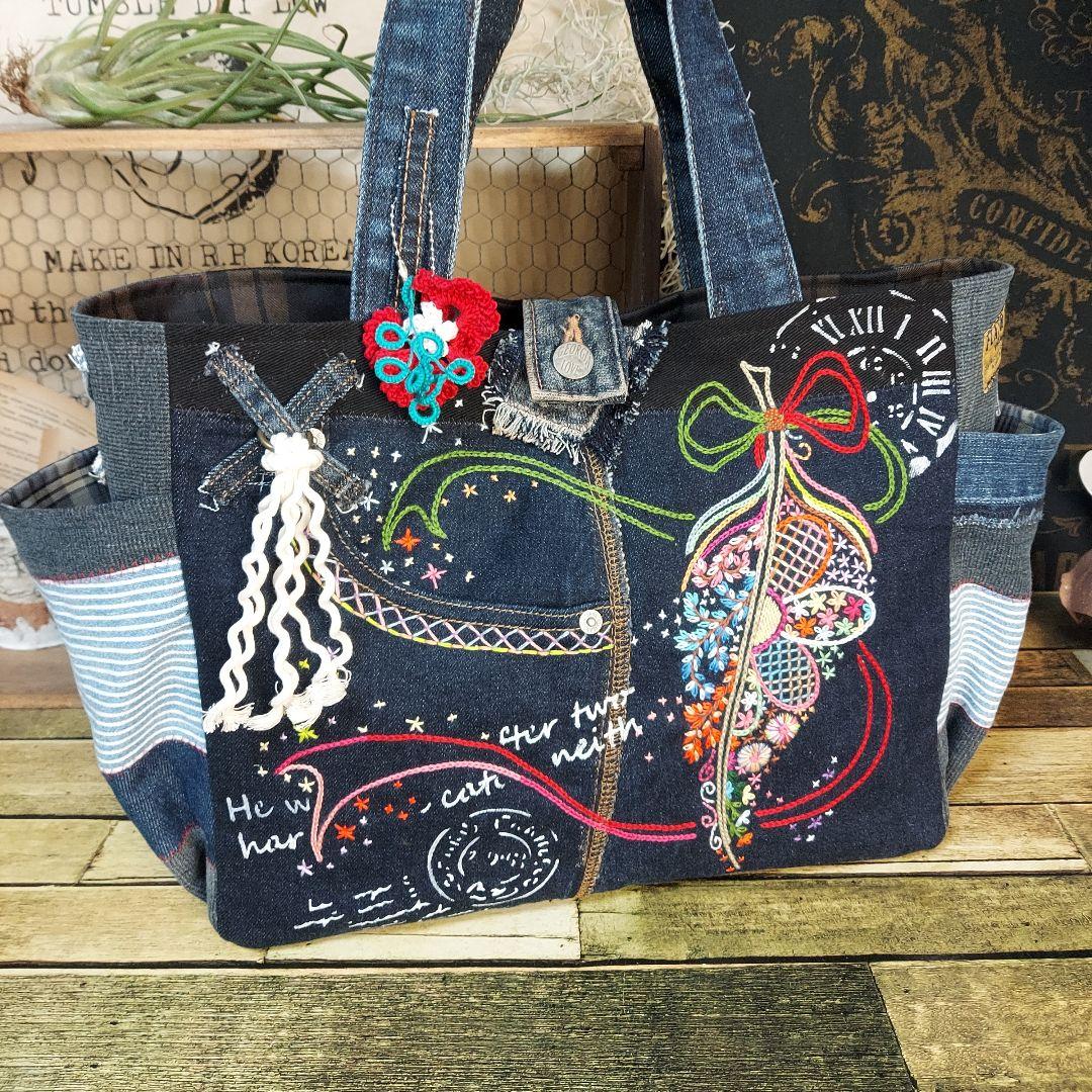 【Kal】大きな刺繍デニムバック　No.651　デニムリメイク　特大バック
