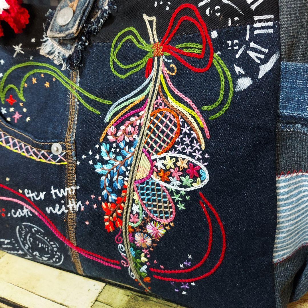 【Kal】大きな刺繍デニムバック　No.651　デニムリメイク　特大バック