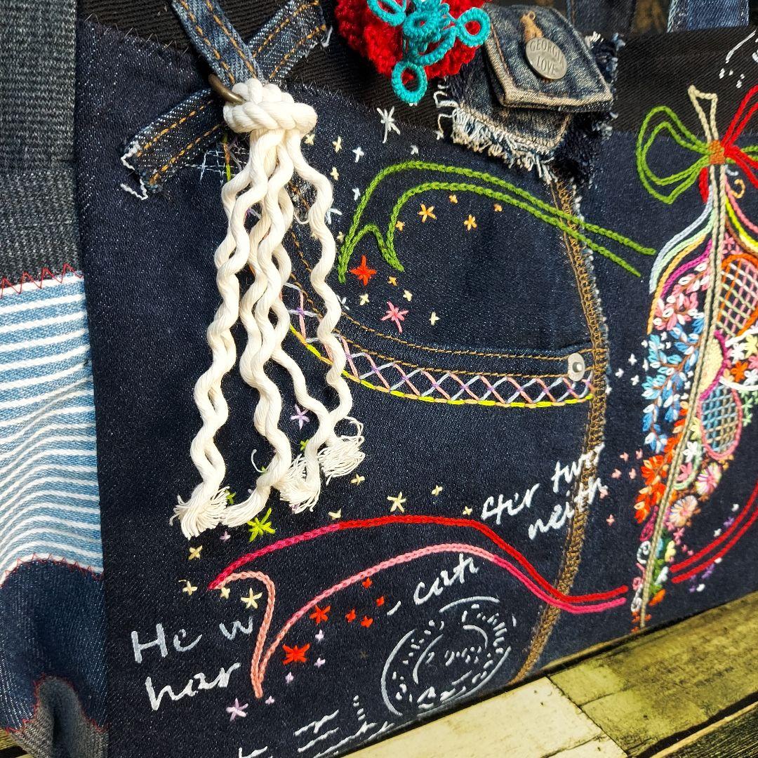 【Kal】大きな刺繍デニムバック　No.651　デニムリメイク　特大バック