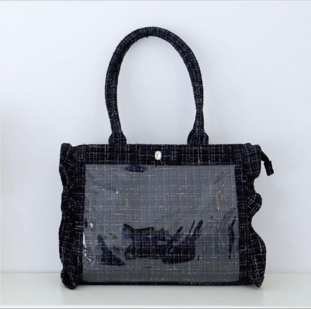 FUKUYA パレットリリーツイードバッグ ビジューリボン ブラック A4