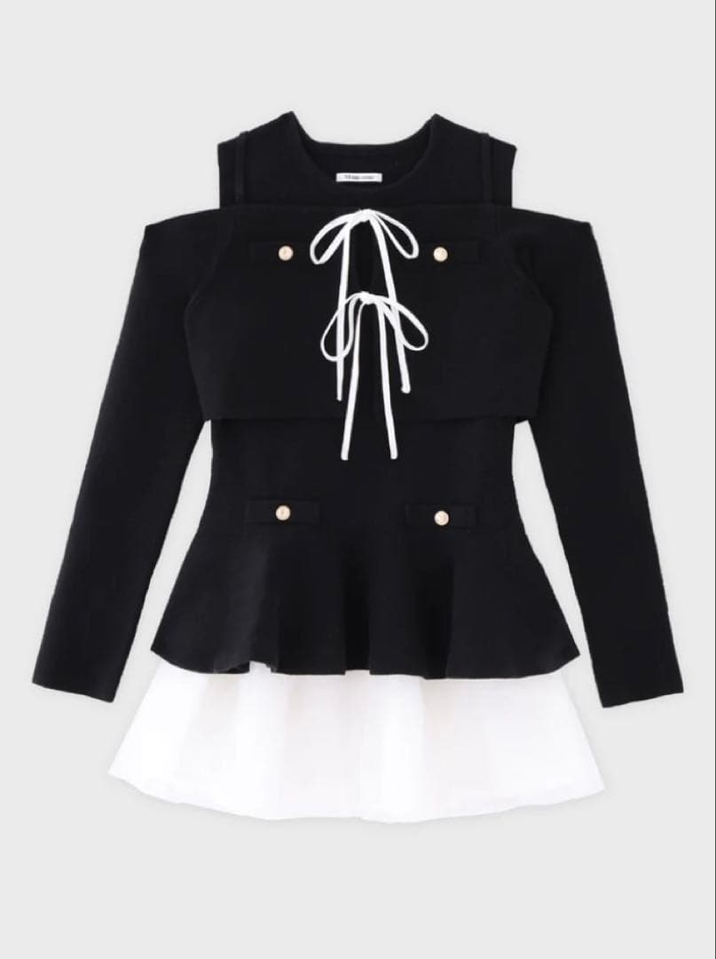 ワンピース M me eme Ribbon peplum tulle knit set