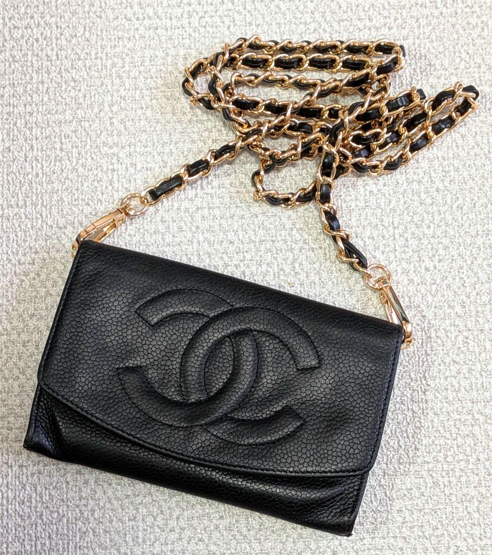 シャネル　デカココ　ミニ財布　キャビアスキン　黒　チェーンウォレット　小銭入れ