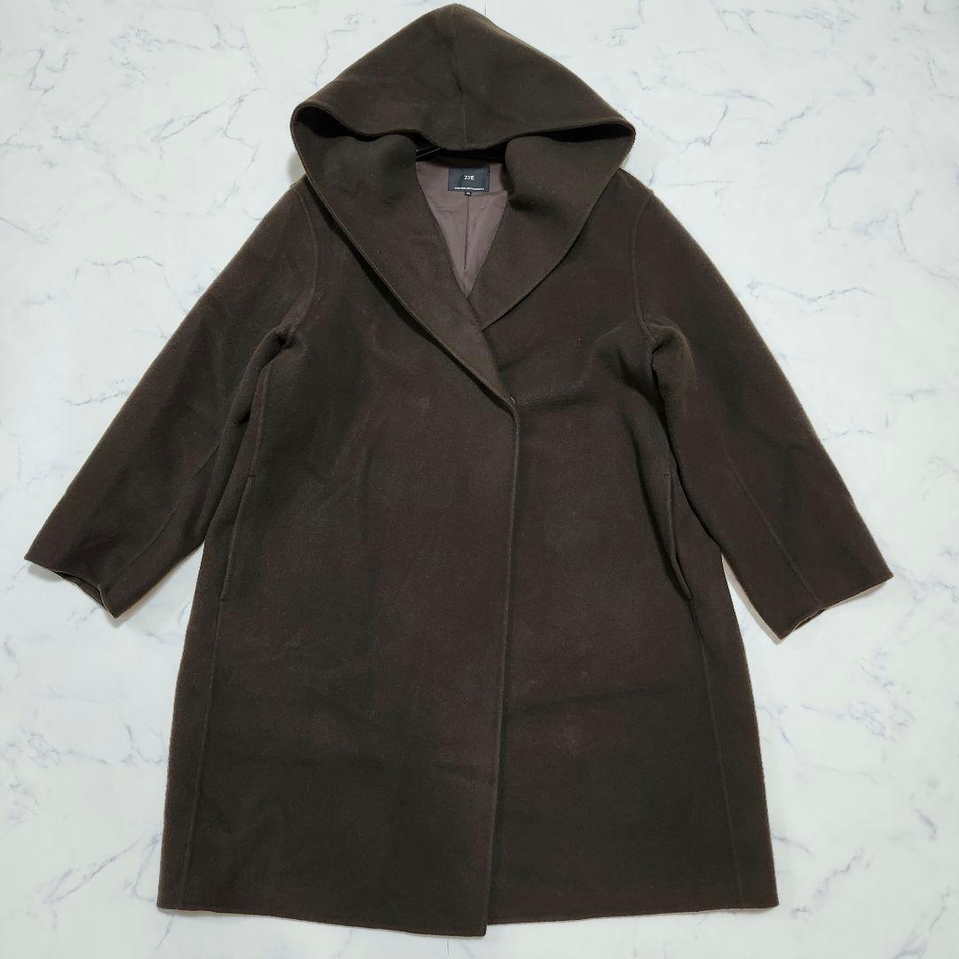 大きいサイズ46☆23区　ウールリバーフード付きミドル丈コート　ダークブラウン