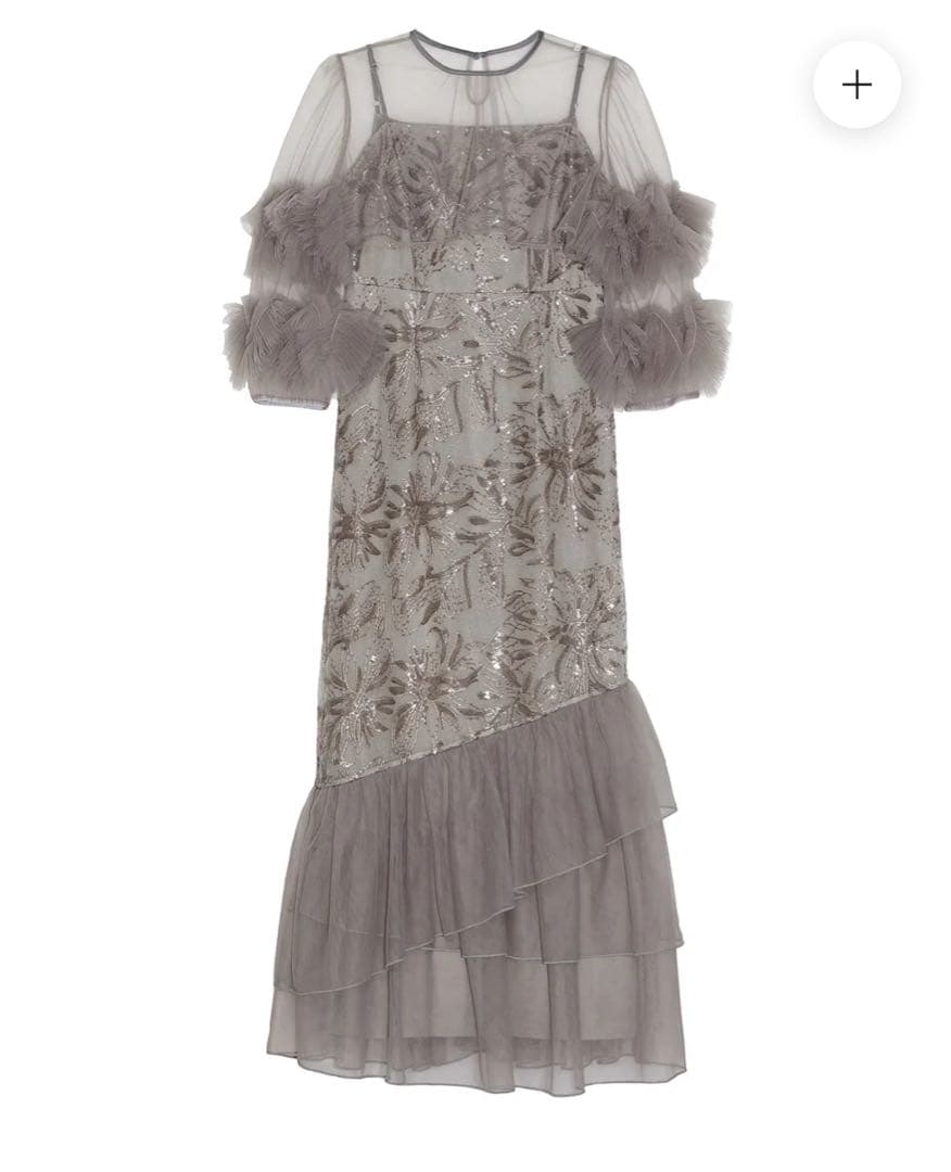 LEJA フラワースパンコールチュールフリルスリーブIラインワンピースドレス