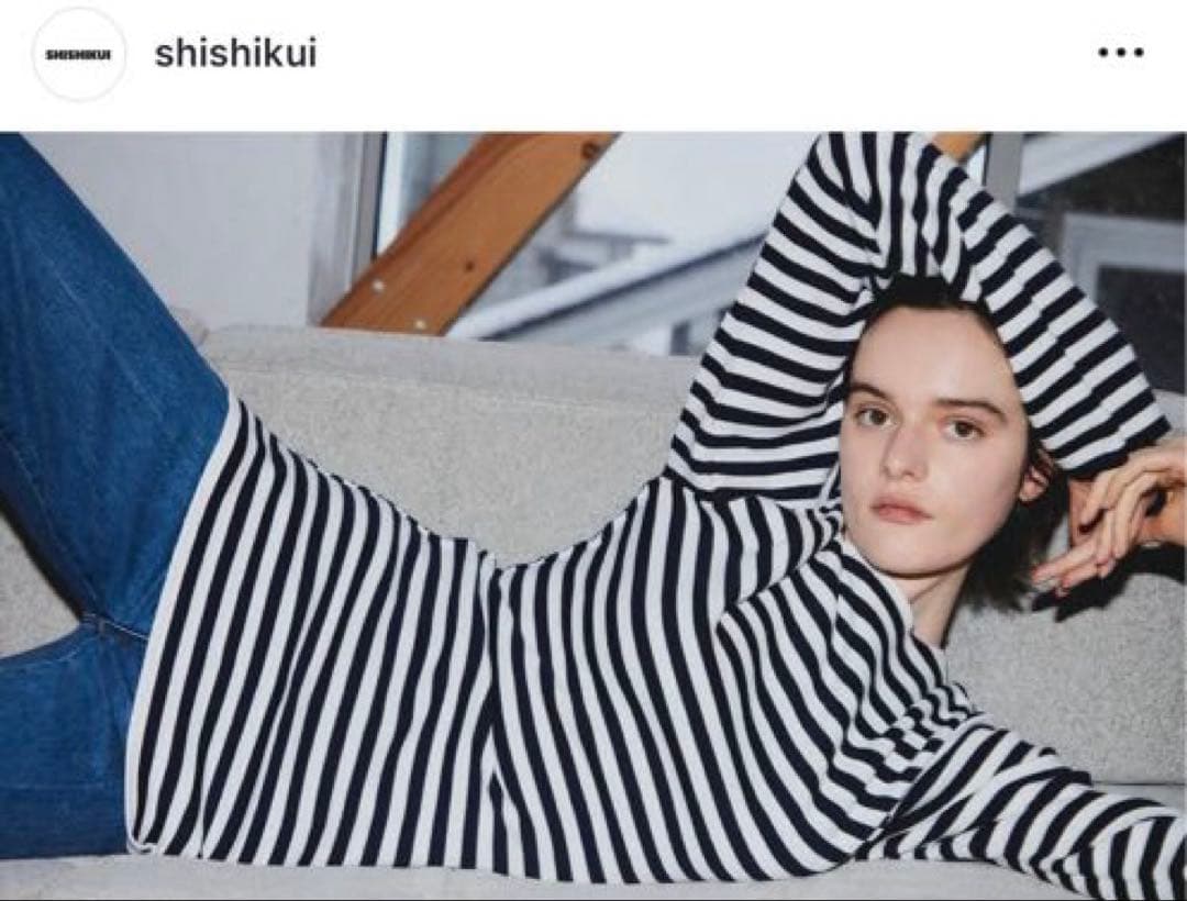 シシクイ　ボーダー　トップス　水色×茶