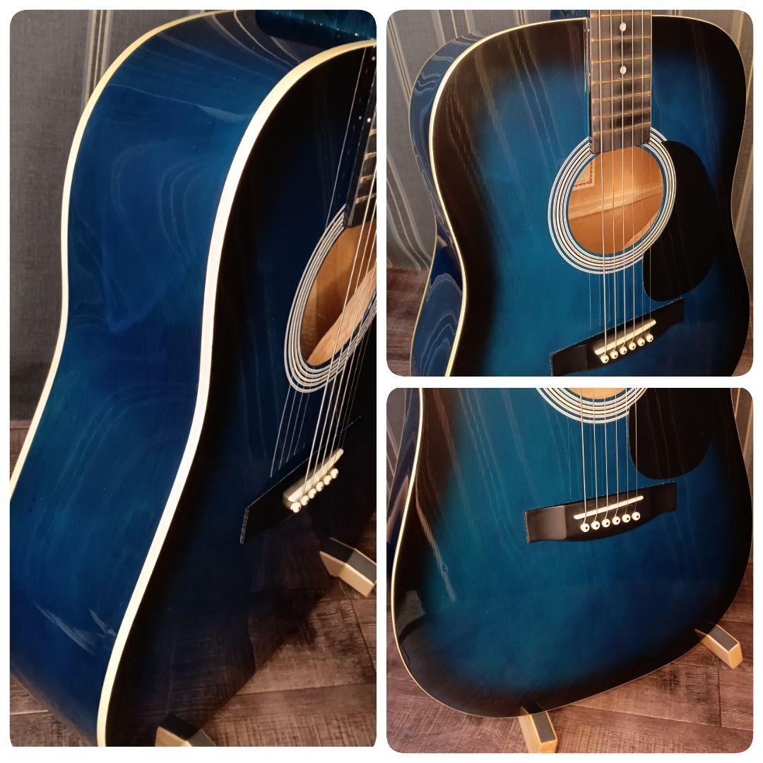 新品弦 軽量 初心者 ビギナー向け アコースティックギター ブルー 青