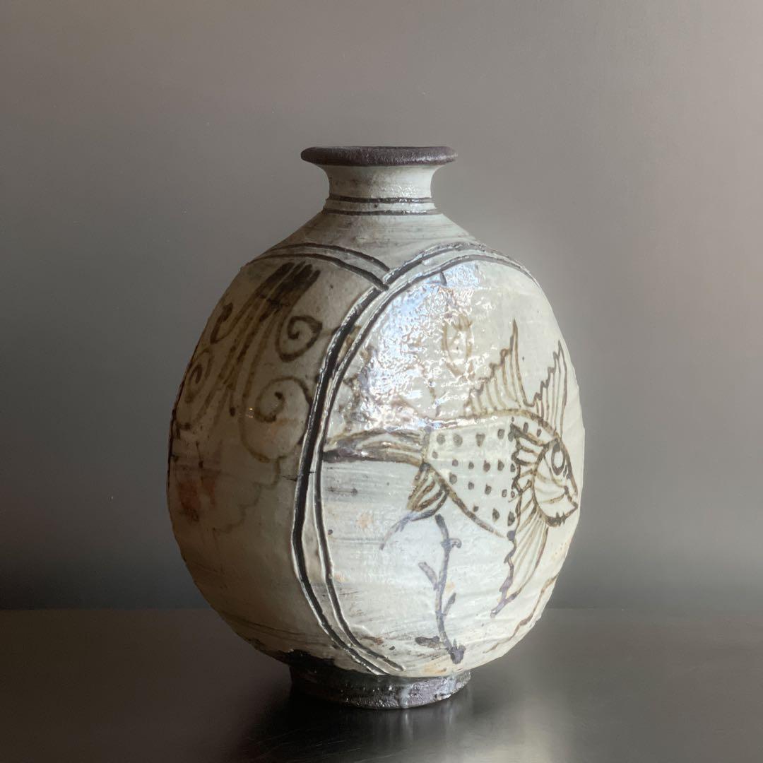 魚紋太鼓形花器　陶芸家村田森作品　新品未使用　激レアアイテム