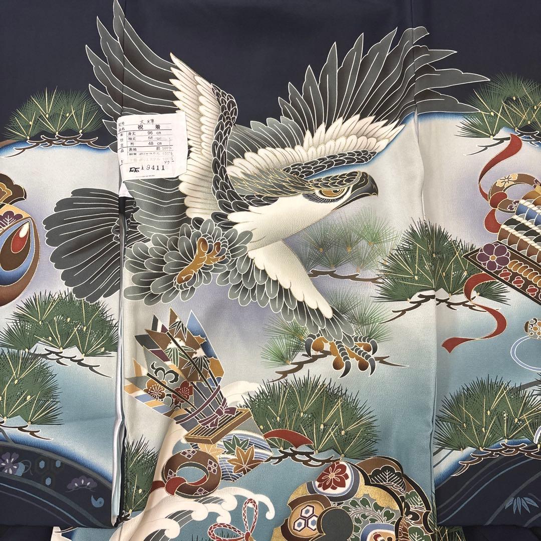 「即決価格」新品正絹産着祝着京豪華友禅、金彩仕様、特選大鷹と祝古典鼓大王松文