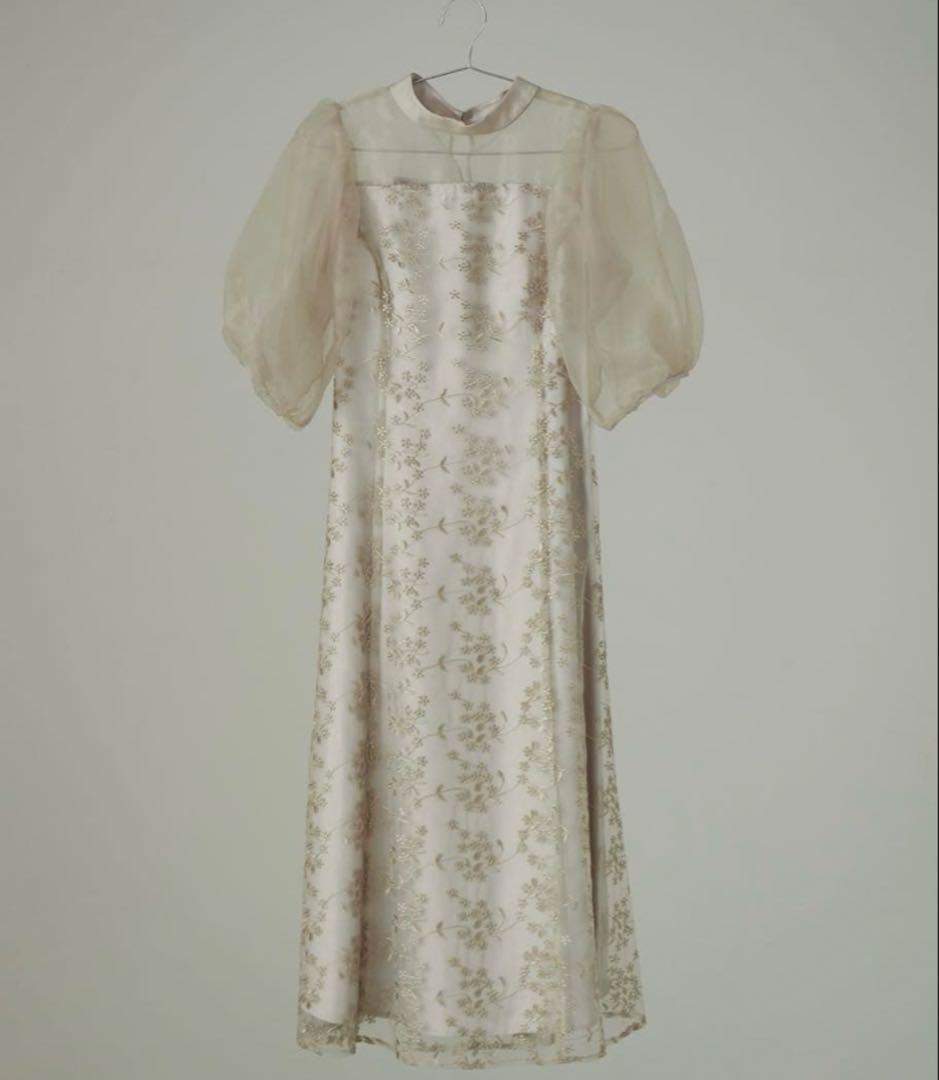 オーガンジーパフスリーブ刺繍レースドレス 結婚式 同窓会 お呼ばれワンピース