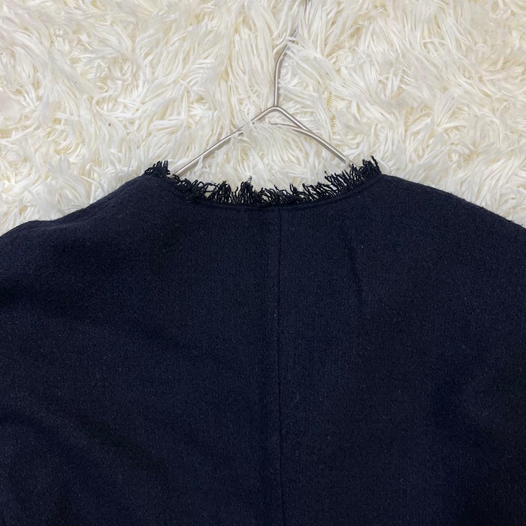 美品　グリーンレーベルリラクシング ツイード ノーカラー ジャケット 紺ブレ