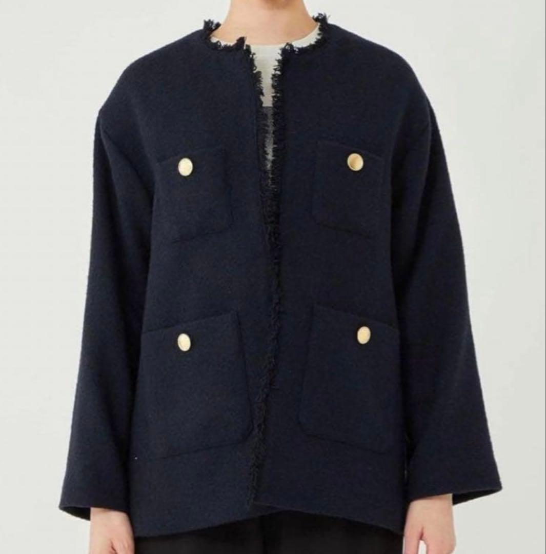 美品　グリーンレーベルリラクシング ツイード ノーカラー ジャケット 紺ブレ