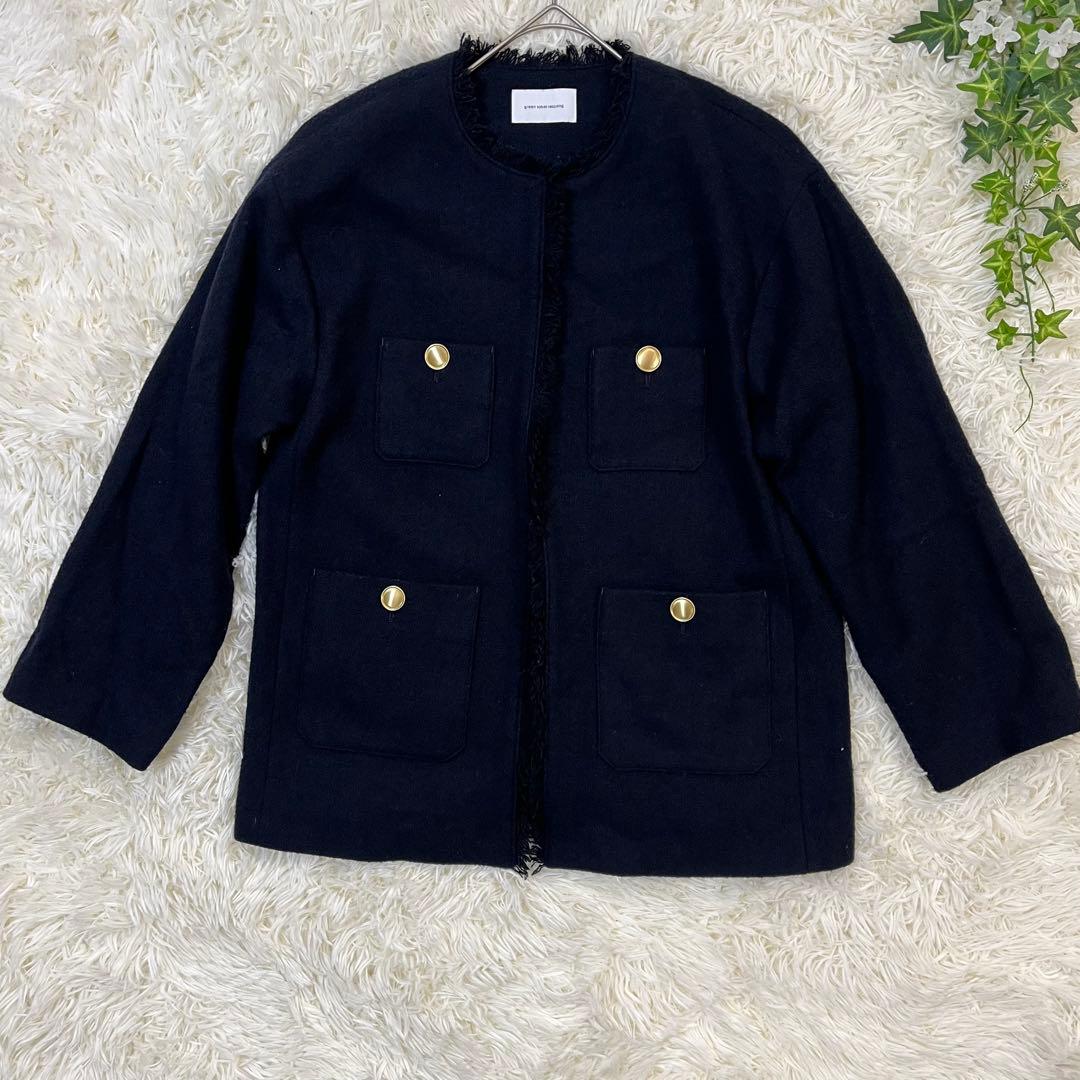 美品　グリーンレーベルリラクシング ツイード ノーカラー ジャケット 紺ブレ