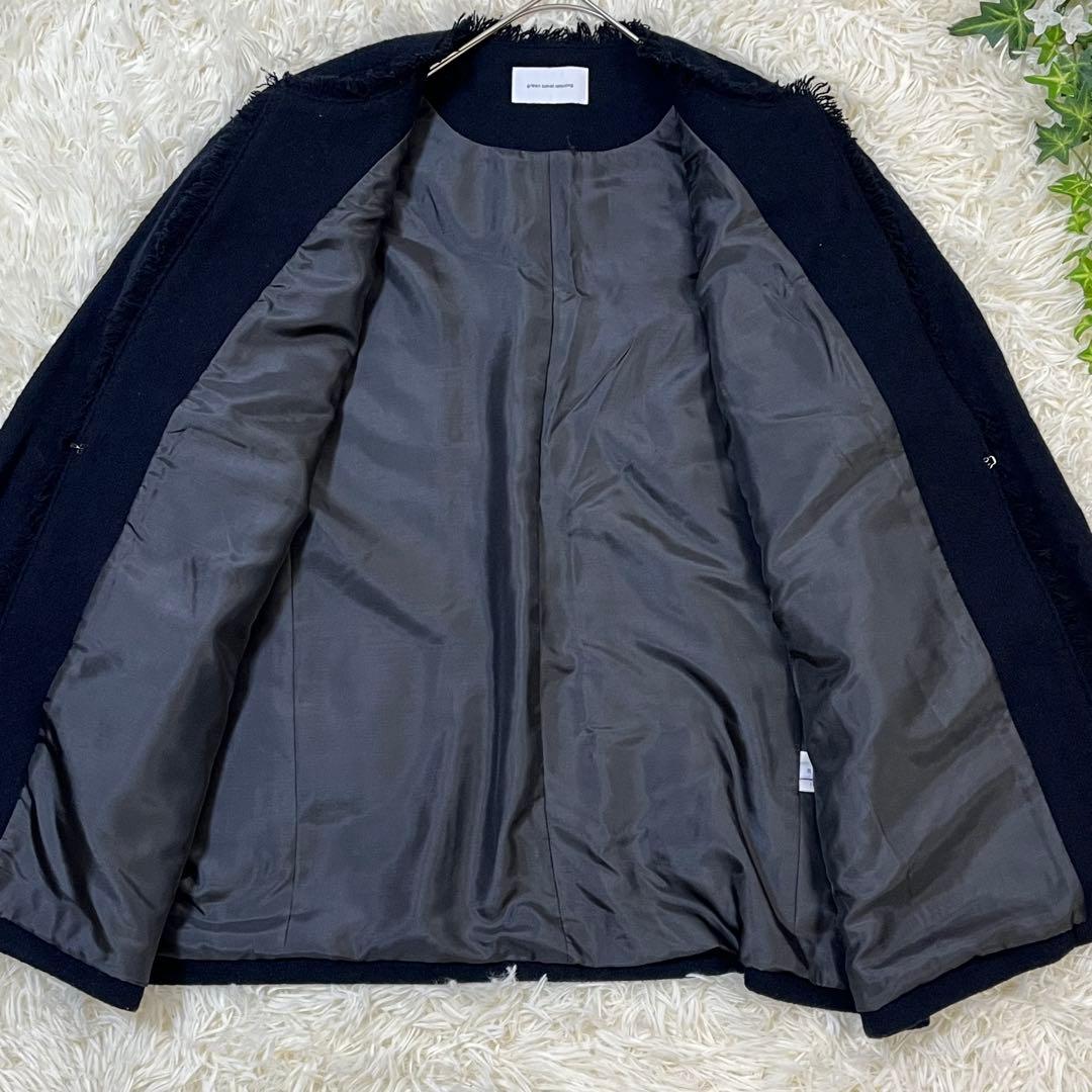 美品　グリーンレーベルリラクシング ツイード ノーカラー ジャケット 紺ブレ