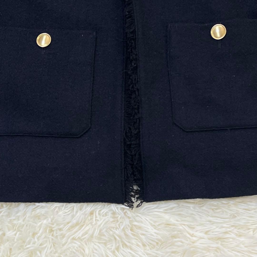 美品　グリーンレーベルリラクシング ツイード ノーカラー ジャケット 紺ブレ