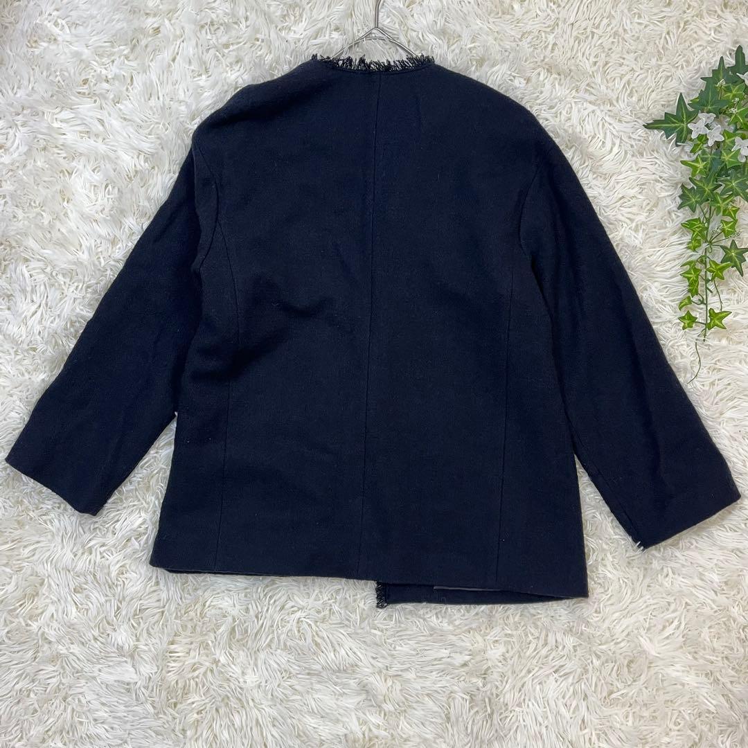 美品　グリーンレーベルリラクシング ツイード ノーカラー ジャケット 紺ブレ