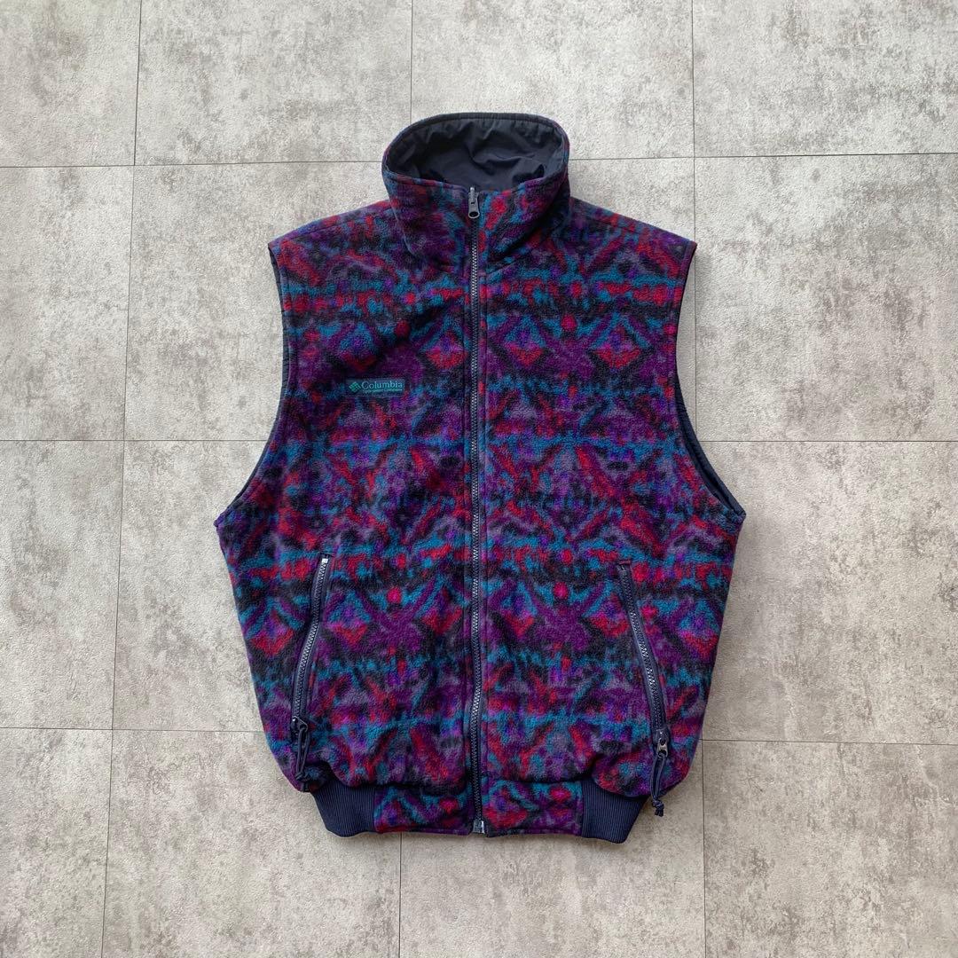 90s Columbia フリース ナイロンベスト リバーシブル 総柄 USA製