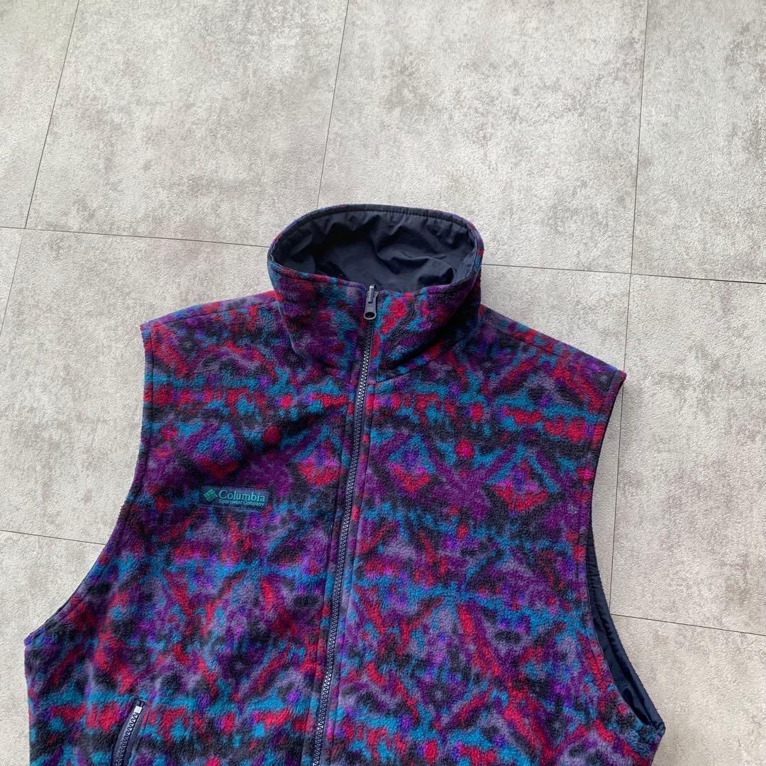 90s Columbia フリース ナイロンベスト リバーシブル 総柄 USA製