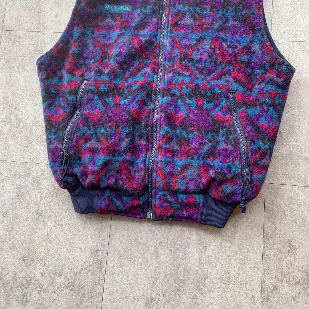 90s Columbia フリース ナイロンベスト リバーシブル 総柄 USA製