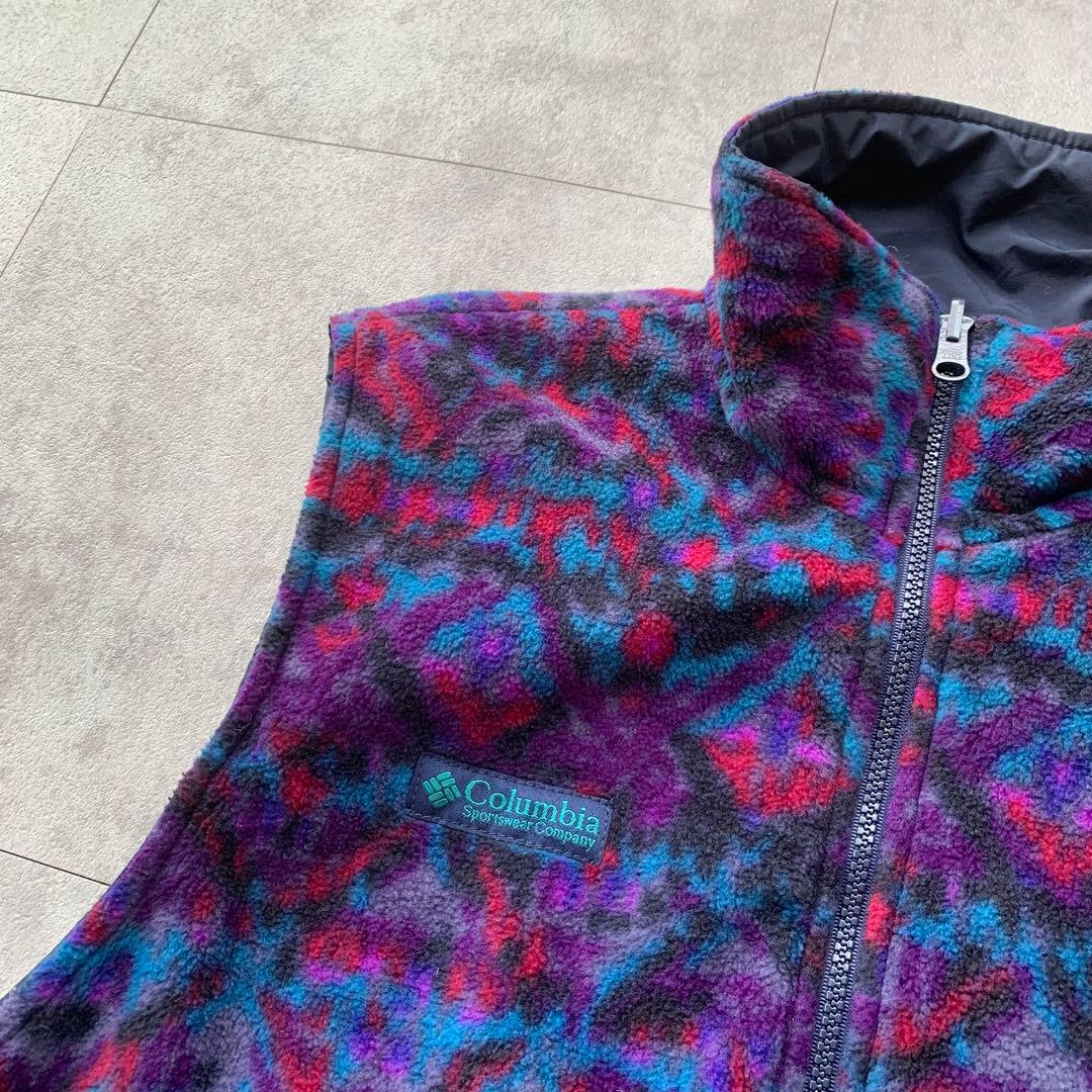 90s Columbia フリース ナイロンベスト リバーシブル 総柄 USA製