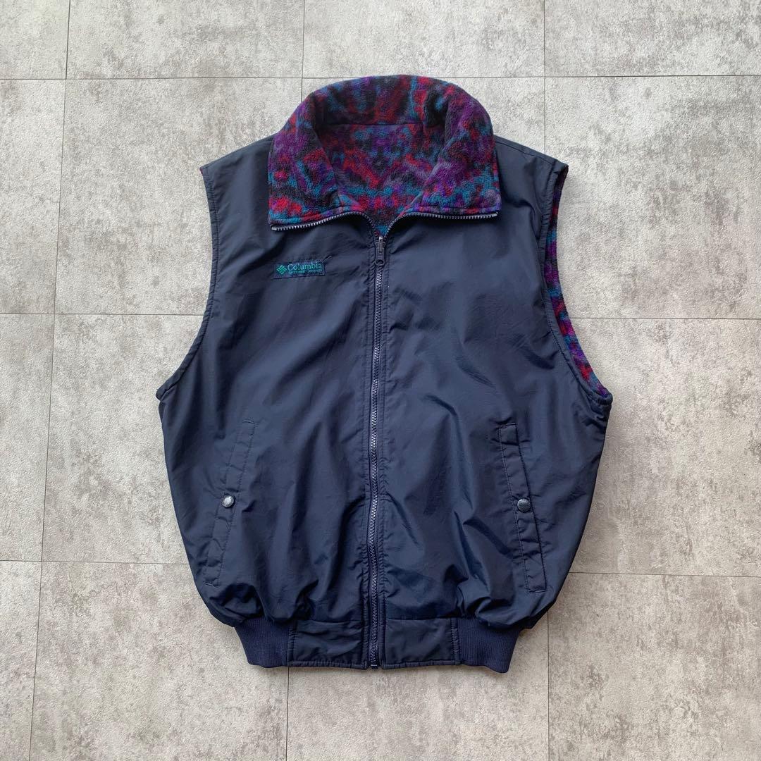 90s Columbia フリース ナイロンベスト リバーシブル 総柄 USA製