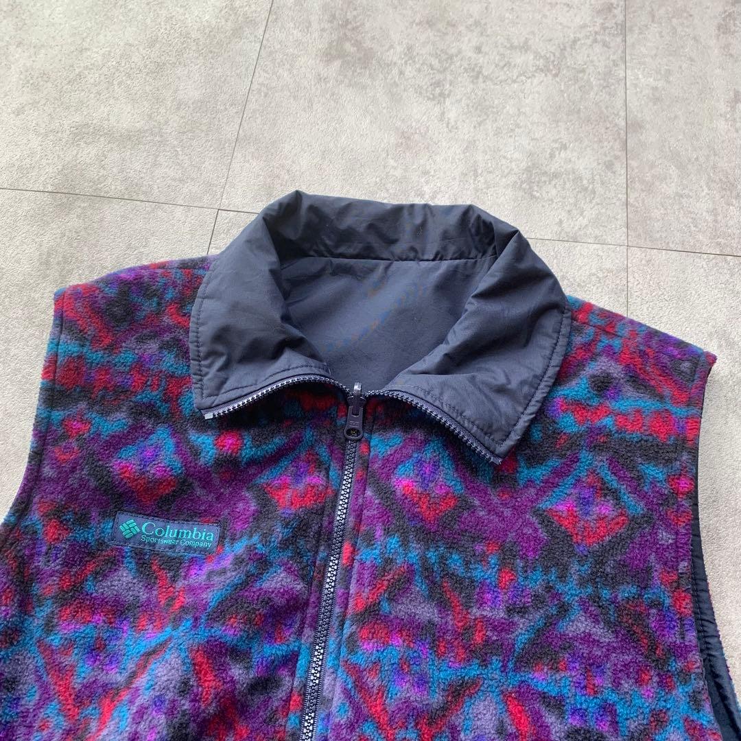 90s Columbia フリース ナイロンベスト リバーシブル 総柄 USA製