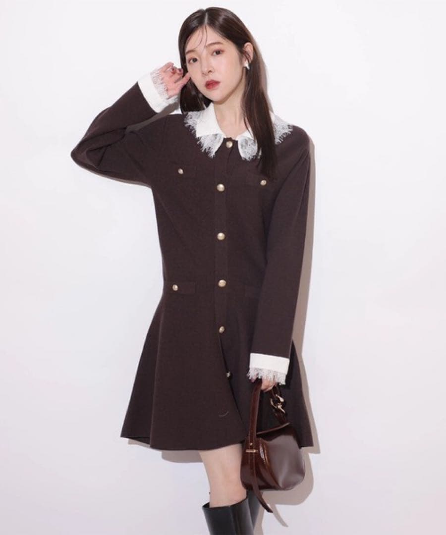 新品タグ付き　今期新作　Rirandture レースカラーミニニットワンピース