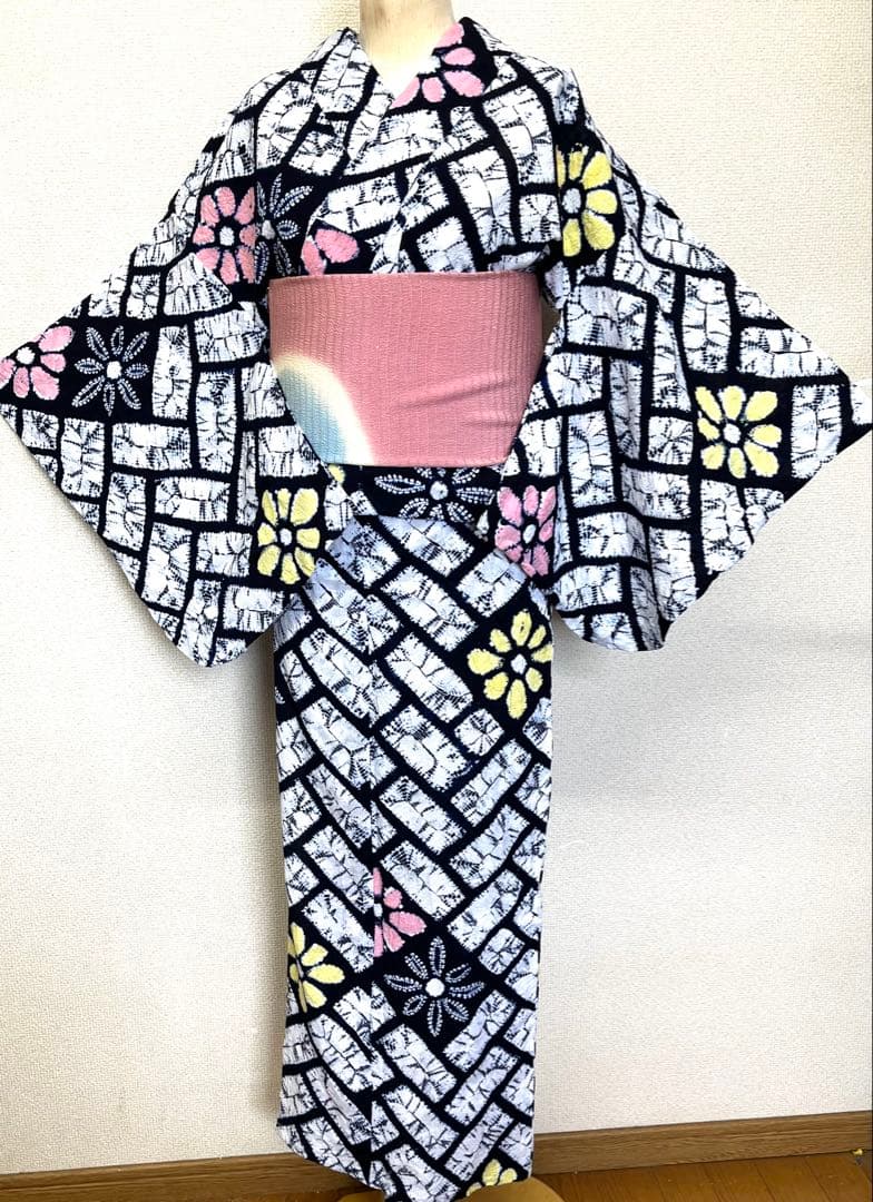 有松鳴海絞り　浴衣　網代格子　（220）