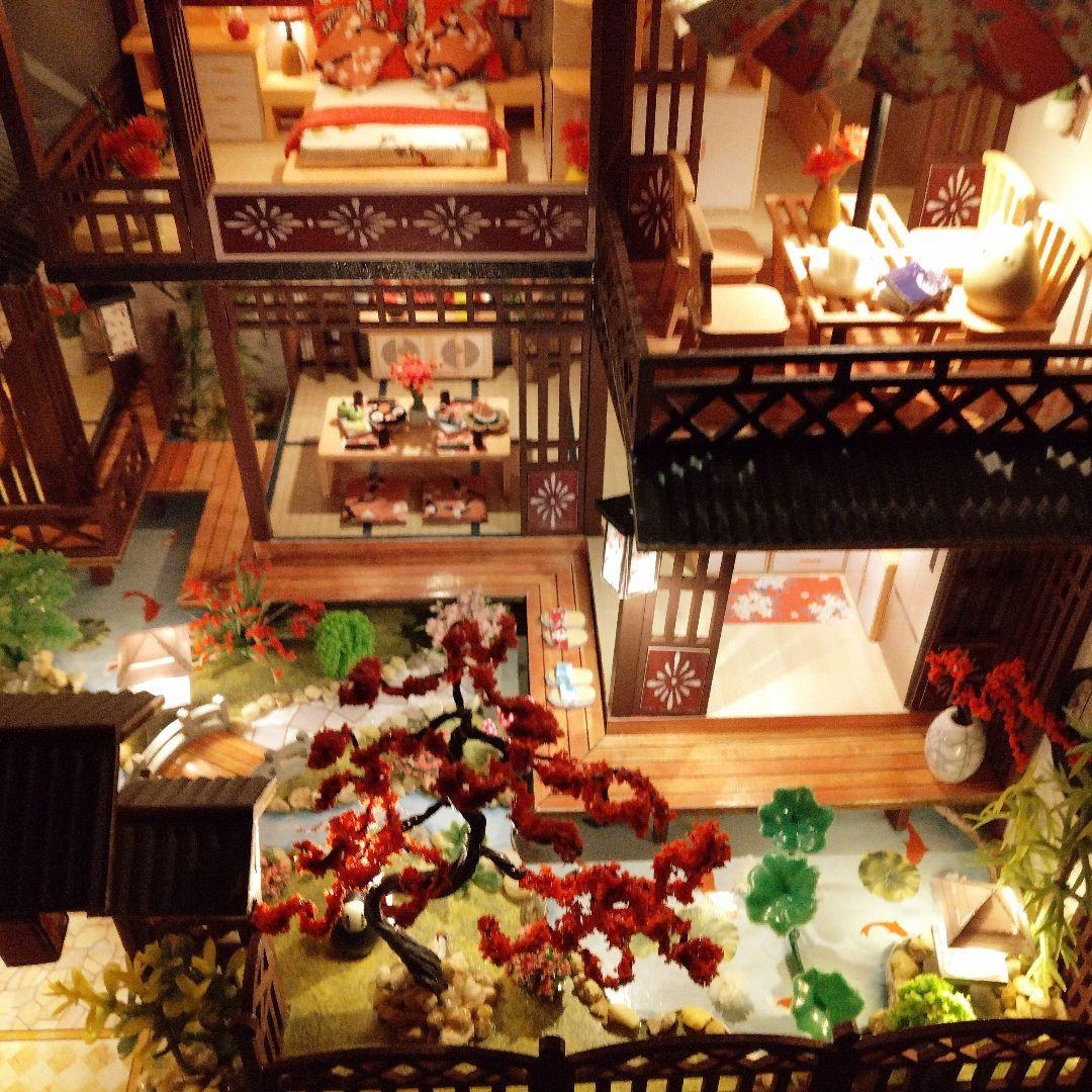 ドールハウス完成品【和風旅館】LEDライト、オルゴール、ケース、ミニフィギュア付