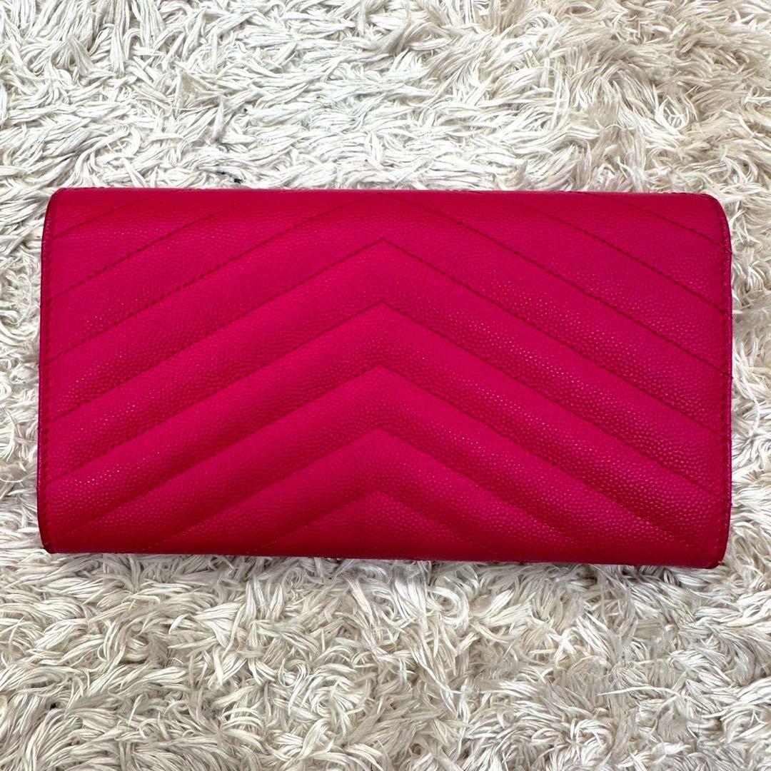 【未使用級】サンローラン 長財布 ピンク フラップ YSL Vステッチ