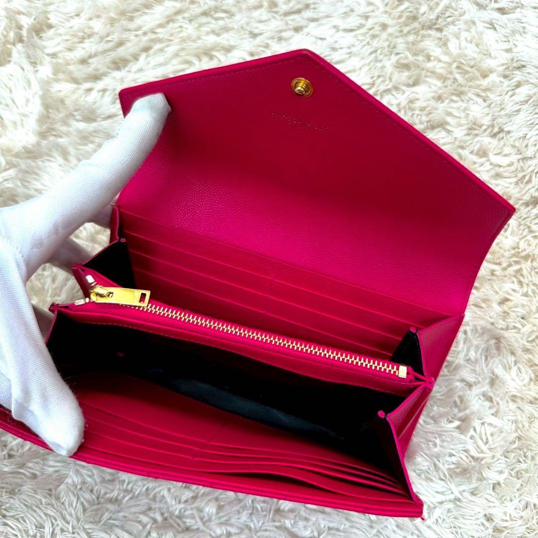 【未使用級】サンローラン 長財布 ピンク フラップ YSL Vステッチ