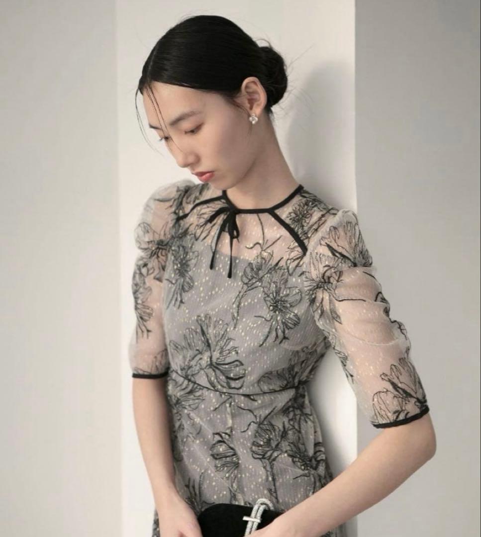 花柄リボンパフスリーブマーメイドワンピースドレス