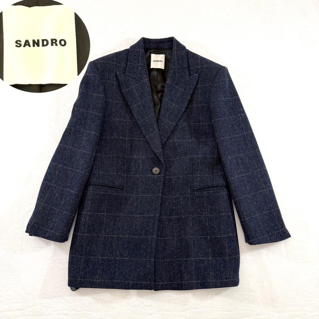 SANDRO テーラードジャケット ネイビー チェック柄 36