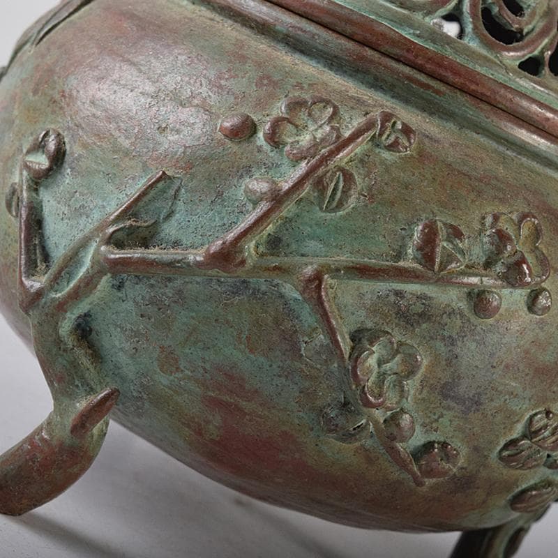 高岡銅器　須賀月芳作　蝋型鋳銅　松竹梅　香炉　共布共箱　C　R8703