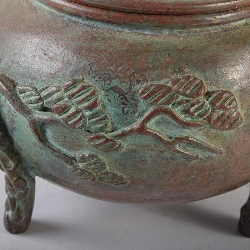 高岡銅器　須賀月芳作　蝋型鋳銅　松竹梅　香炉　共布共箱　C　R8703