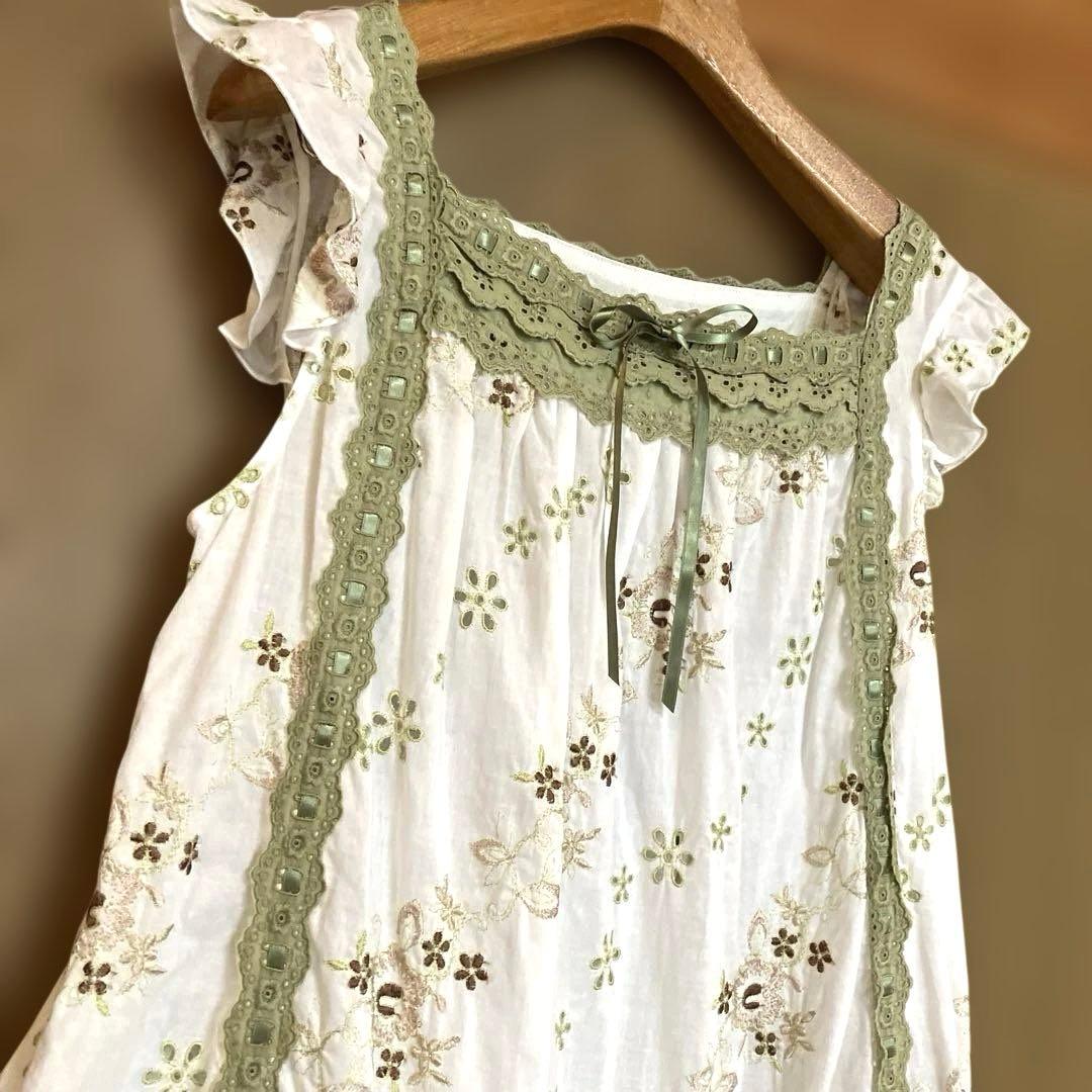 ピンクハウス　チュニック　ブラウス　刺繍　ハシゴレース　生成り色