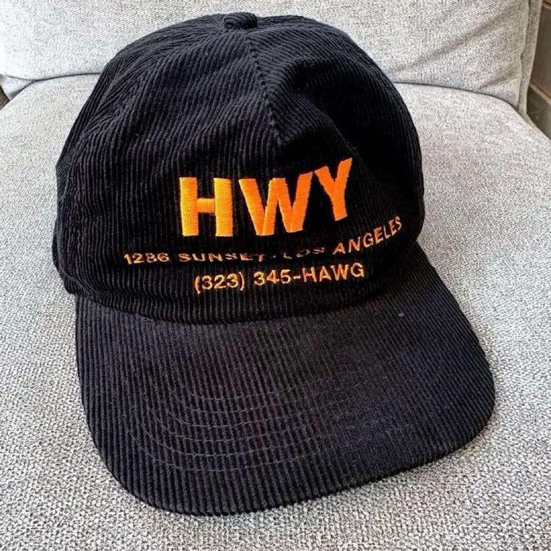 HWY 刺繍ロゴ 黒キャップ　ハイウェイ　チョッパー　コーデュロイ