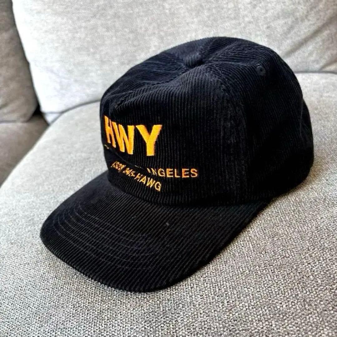 HWY 刺繍ロゴ 黒キャップ　ハイウェイ　チョッパー　コーデュロイ