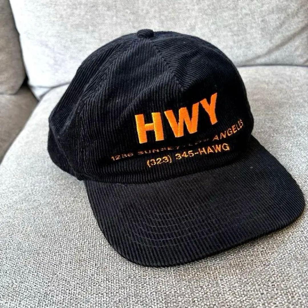 HWY 刺繍ロゴ 黒キャップ　ハイウェイ　チョッパー　コーデュロイ