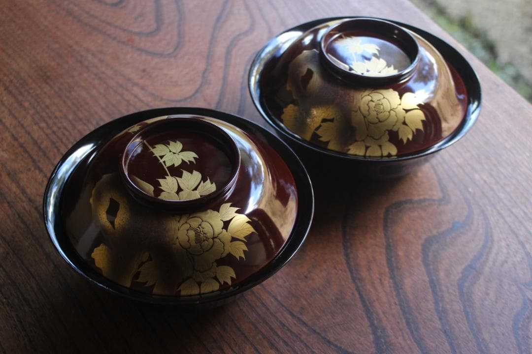 時代逸品！風情ある栗色漆に極上牡丹蝶蒔絵の映える大椀2点（検輪島塗蒔絵椀雑煮椀