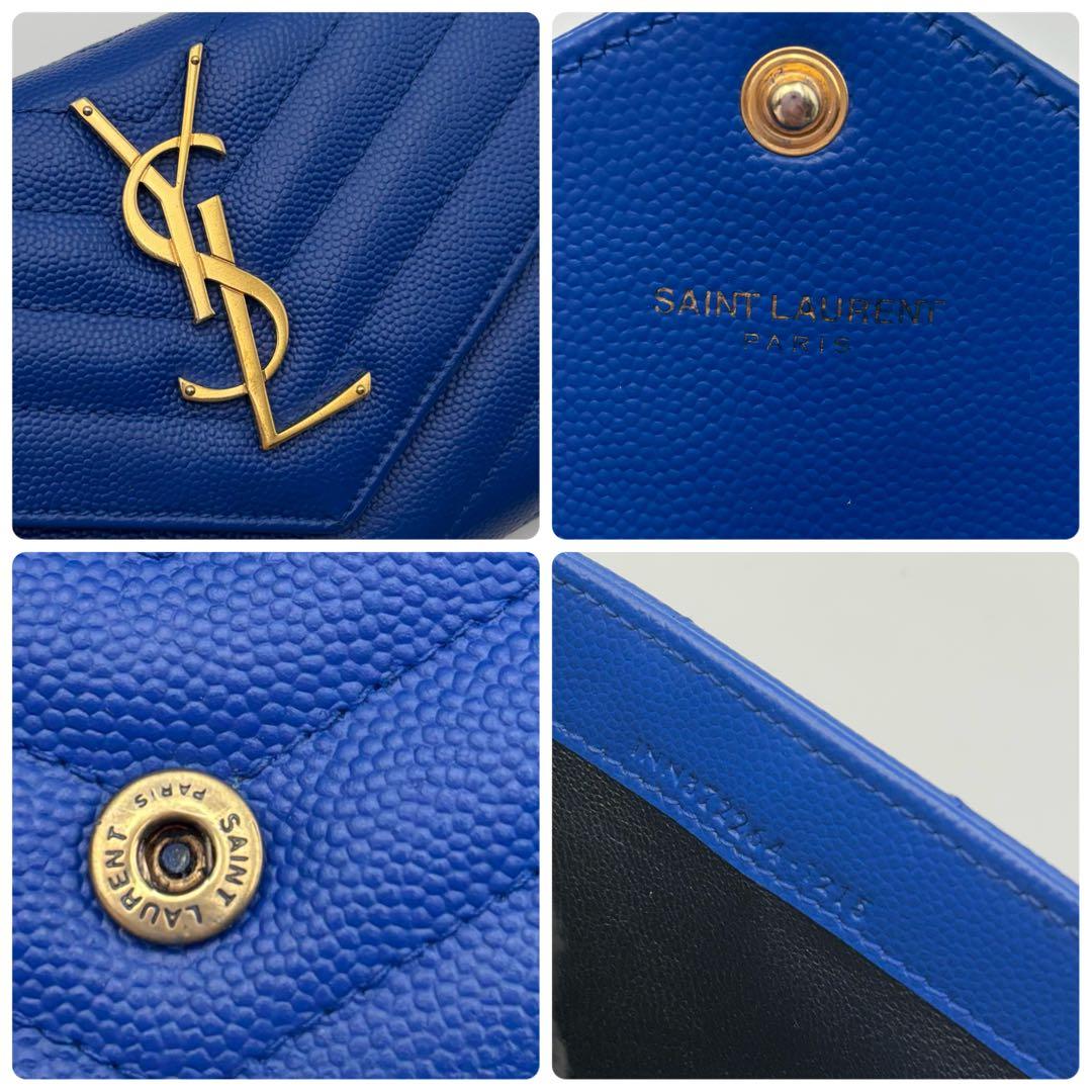 【極美品】サンローラン 長財布 ブルー Vステッチ キャビアスキン YSL
