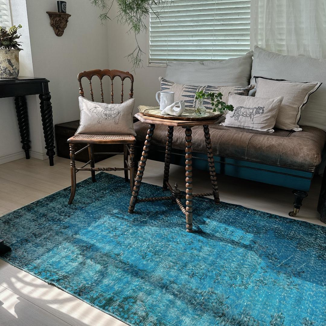 トルコ ヴィンテージラグ A56 ターコイズブルー コバルトブルー オーバーダイ