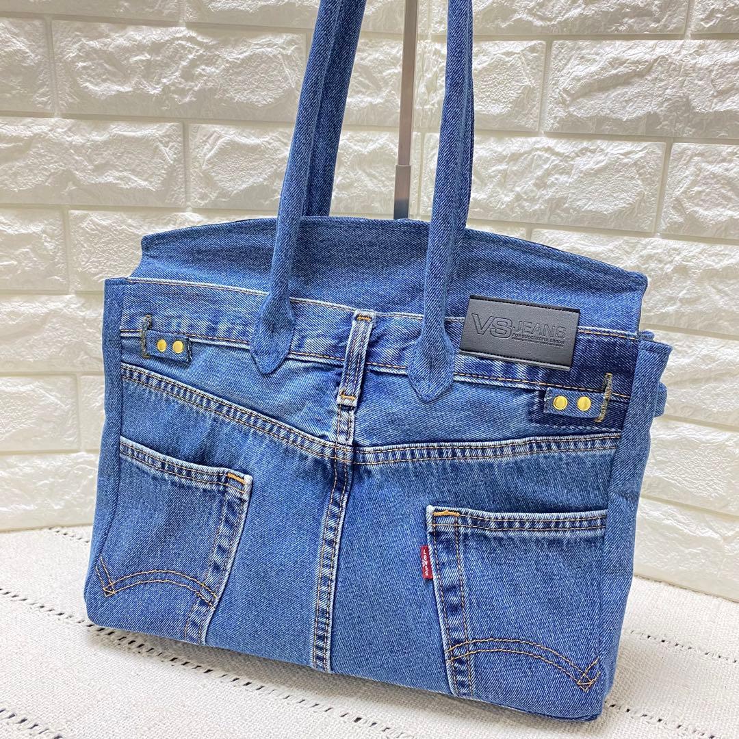 デニムリメイク フラップ付きトートバッグ　【Mサイズ】ミディアムブルー