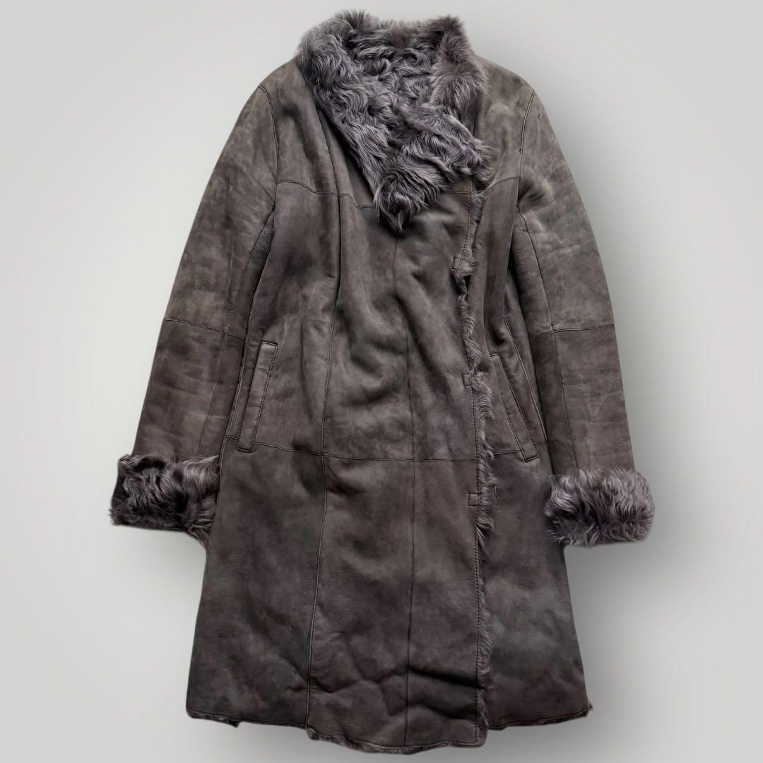 美品 高級 イヴサンロモン リアルムートン コート 羊革 ファーコート グレー