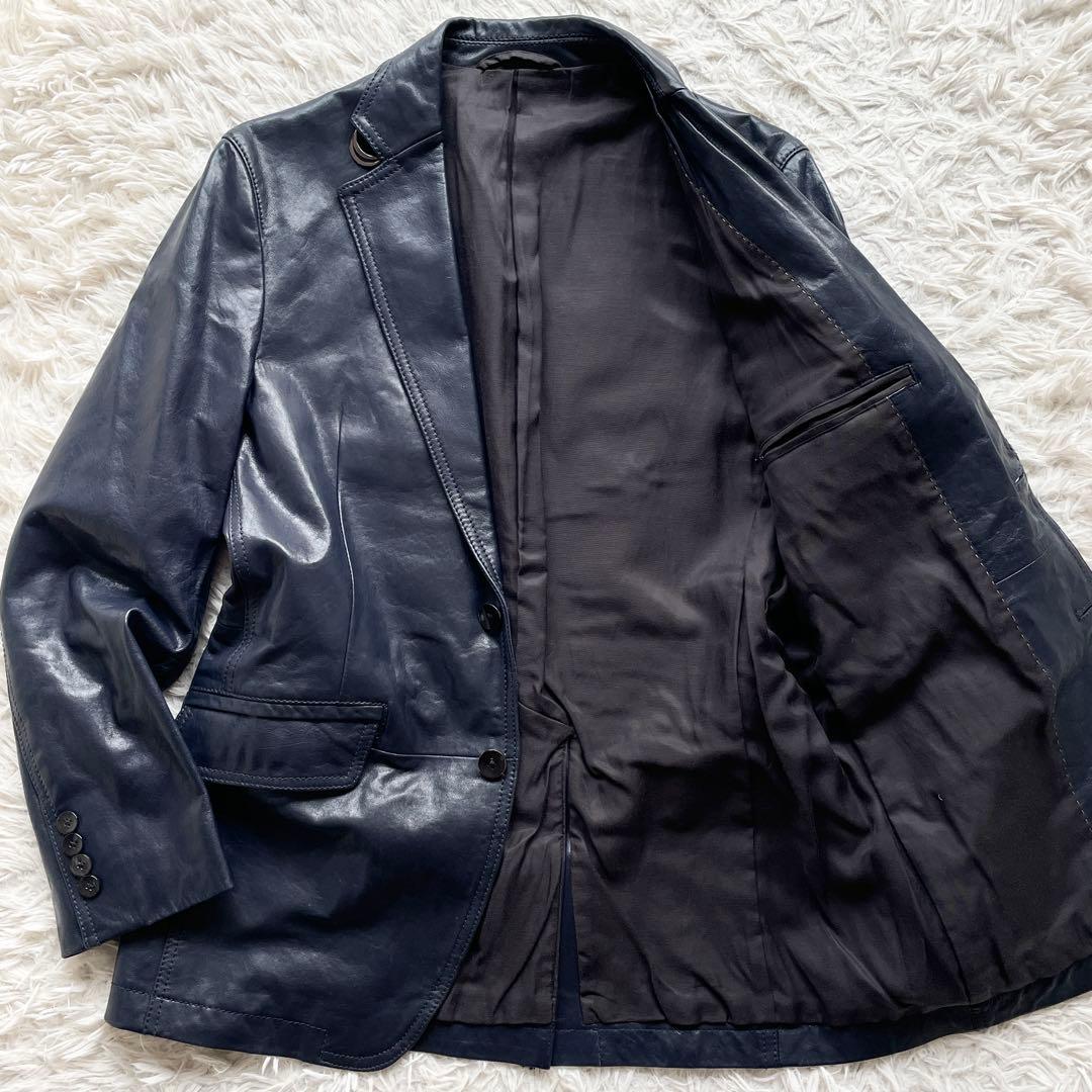 美品 希少色 ピエールカルダン シープスキン レザージャケット 微光沢ネイビー