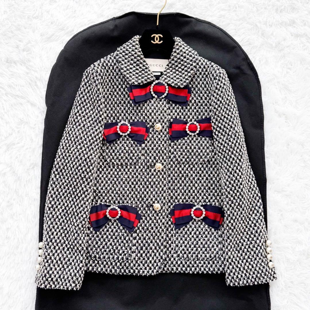 GUCCI ツイードジャケット リボン シェリーライン GGパールボタン 40
