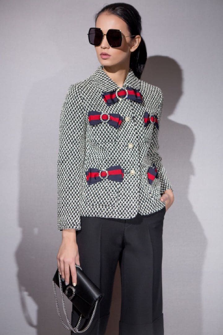 GUCCI ツイードジャケット リボン シェリーライン GGパールボタン 40