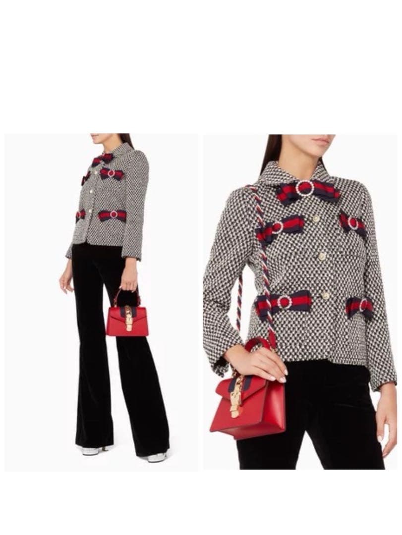 GUCCI ツイードジャケット リボン シェリーライン GGパールボタン 40