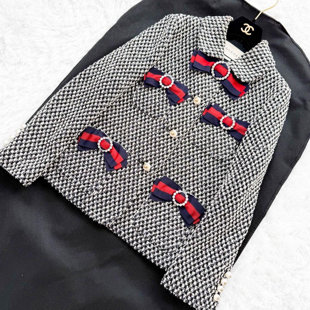 GUCCI ツイードジャケット リボン シェリーライン GGパールボタン 40