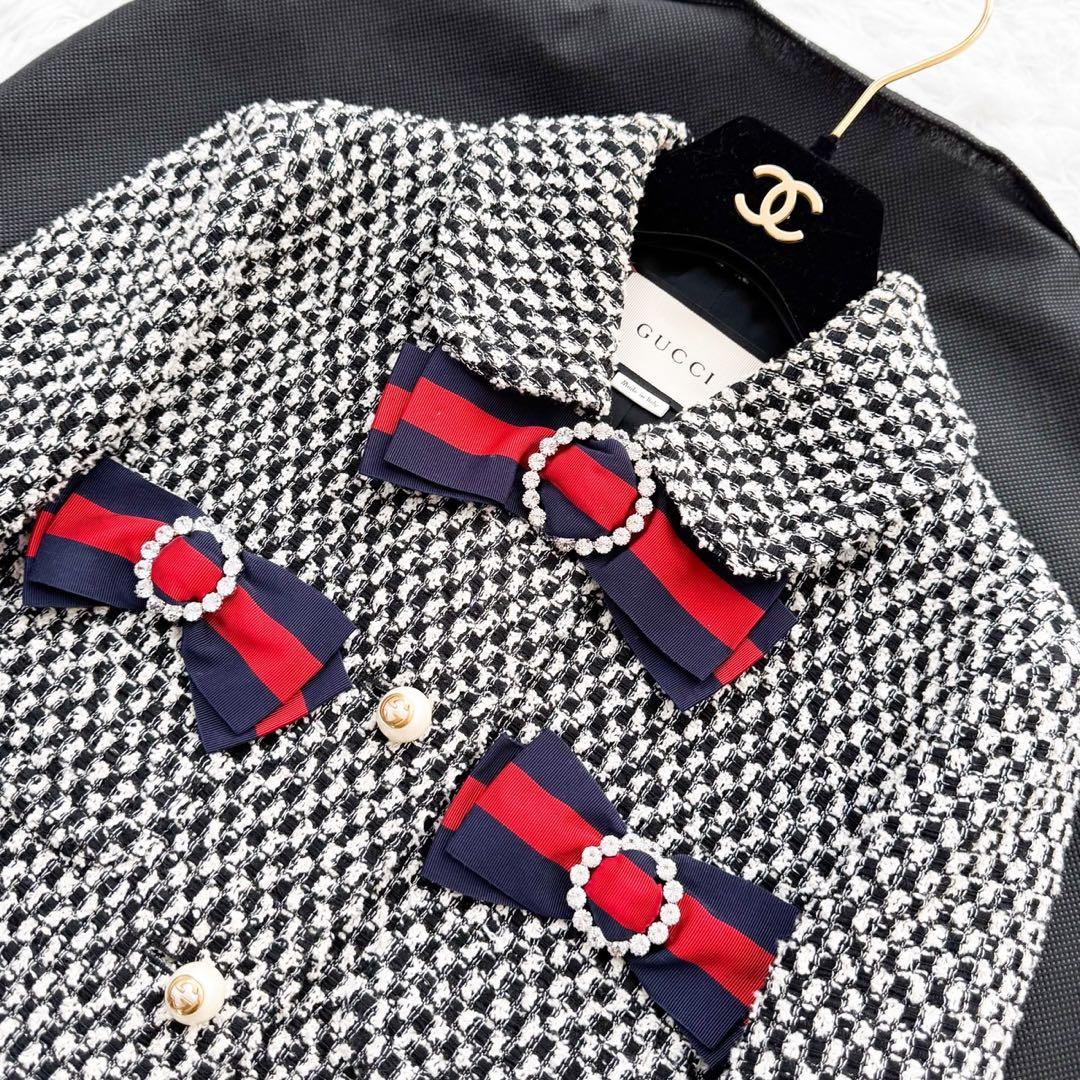 GUCCI ツイードジャケット リボン シェリーライン GGパールボタン 40